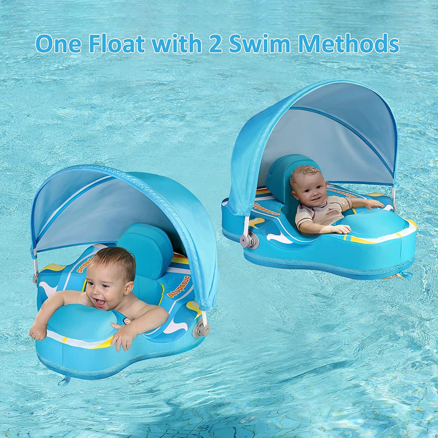 Alupssuc Baby Pool Float with 0-120° Removable UPF 50+ Sun Canopy, Widen Wings No Flip over, Non Inflatable Infant Pool Float with Adjustable Safety Seat, Baby Swim Floats for 3-6-12-24 Months Toddler