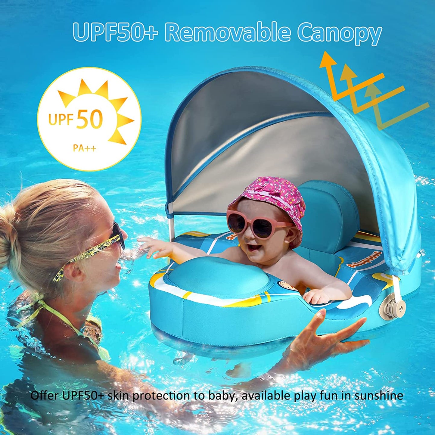 Alupssuc Baby Pool Float with 0-120° Removable UPF 50+ Sun Canopy, Widen Wings No Flip over, Non Inflatable Infant Pool Float with Adjustable Safety Seat, Baby Swim Floats for 3-6-12-24 Months Toddler